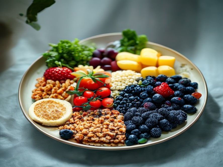 Macronutrient balance education Visual representation of balanced plate showing protein, carbohydrates, and healthy fats